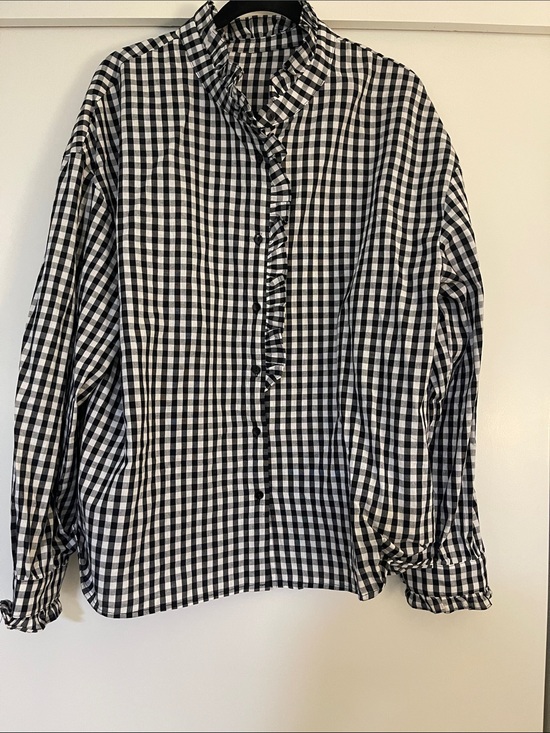 Tops - Black and White Gingham women’s Shirt with Ruffle Placket